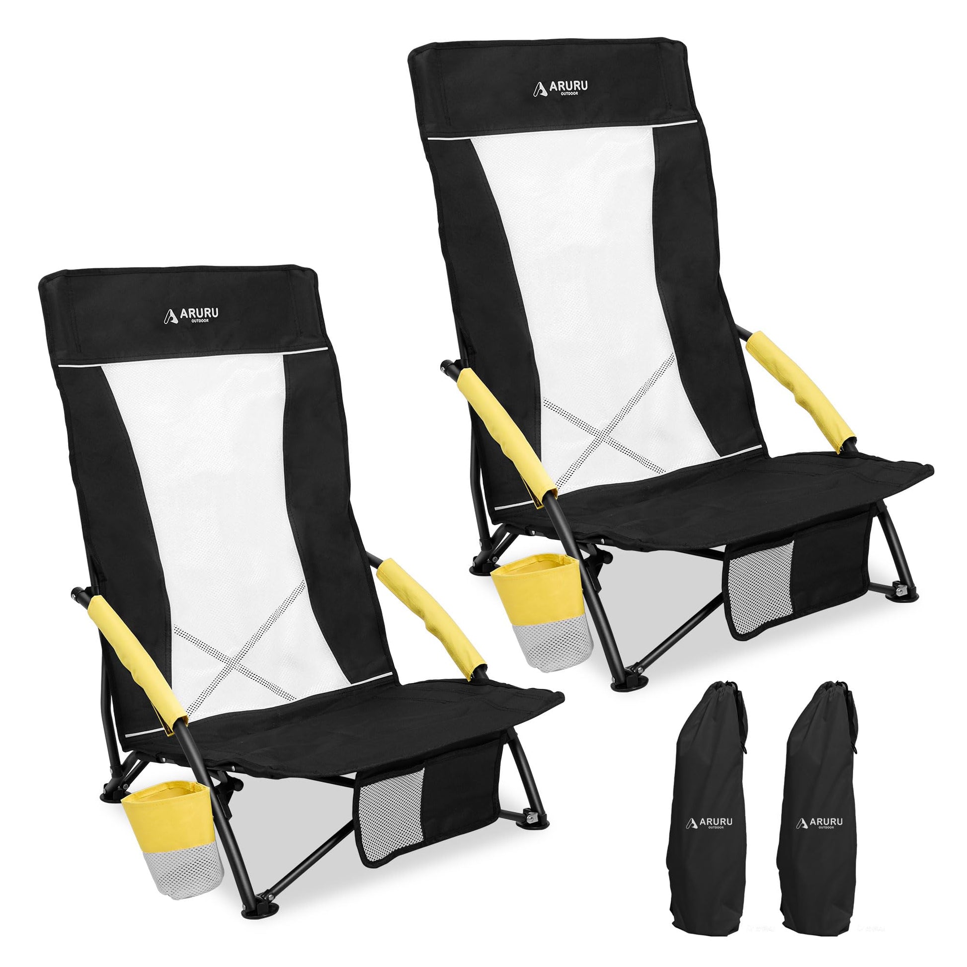 Portable Hammock Camping Chair, Lightweight Folding Beach Lounge Chair with Adjustable Height Legs, Mesh Portable Swing Camp Chair with Cushioned Head Pillow & Armrests for Camping Beach Hiking