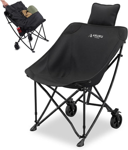 アウトドアワゴン兼チェア 2WAY キャリーワゴン 【耐荷重110kg / 運搬60kg】 折りたたみ アウトドアチェア キャンプ椅子 ストッパー付き 枕・小物袋・収納バッグ付属 公園 運動会 BBQ 釣り 収束式 軽量 コンパクト (ブラック)