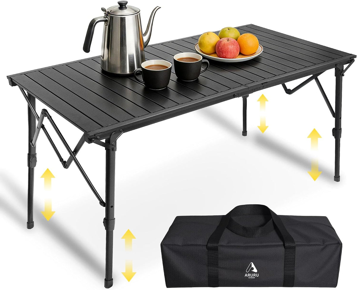 Camping Table, Roll Table, 50.4 x 23.6 inches (128 x 60 cm), Aluminum, Foldable, Height Adjustable, Up to 29.1 inches (74 cm), Lightweight, Compact, Outdoor Table, Solo, Family, BBQ