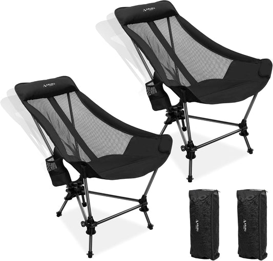 Portable Hammock Camping Chair, Lightweight Folding Beach Lounge Chair with Adjustable Height Legs, Mesh Portable Swing Camp Chair with Cushioned Head Pillow & Armrests for Camping Beach Hiking