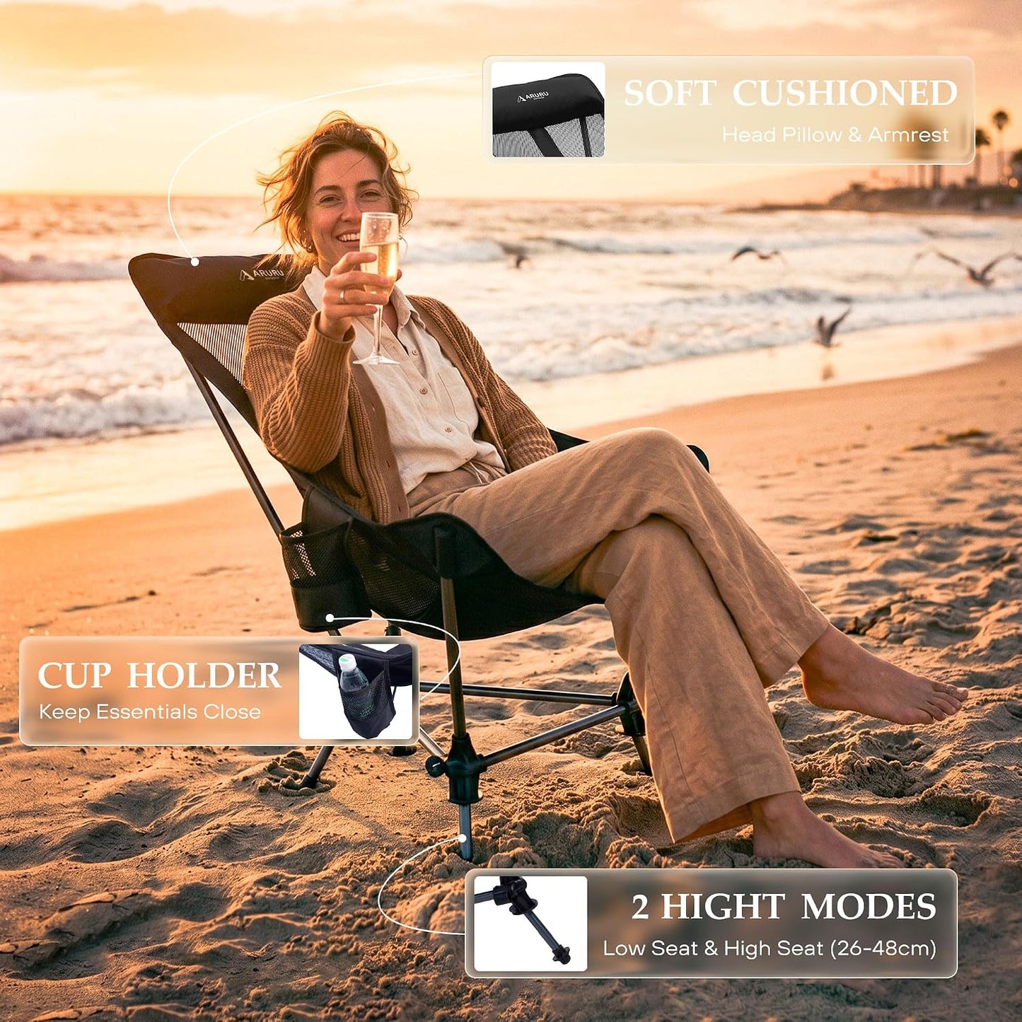 Portable Hammock Camping Chair, Lightweight Folding Beach Lounge Chair with Adjustable Height Legs, Mesh Portable Swing Camp Chair with Cushioned Head Pillow & Armrests for Camping Beach Hiking
