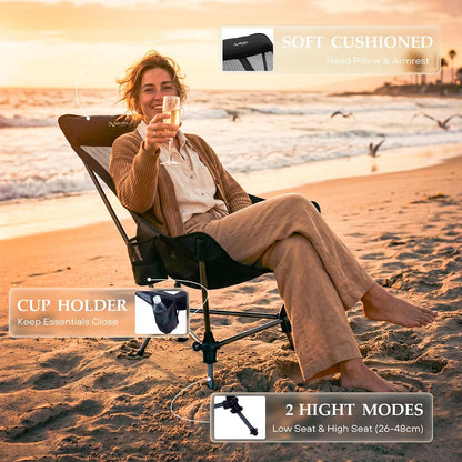 Portable Hammock Camping Chair, Lightweight Folding Beach Lounge Chair with Adjustable Height Legs, Mesh Portable Swing Camp Chair with Cushioned Head Pillow & Armrests for Camping Beach Hiking
