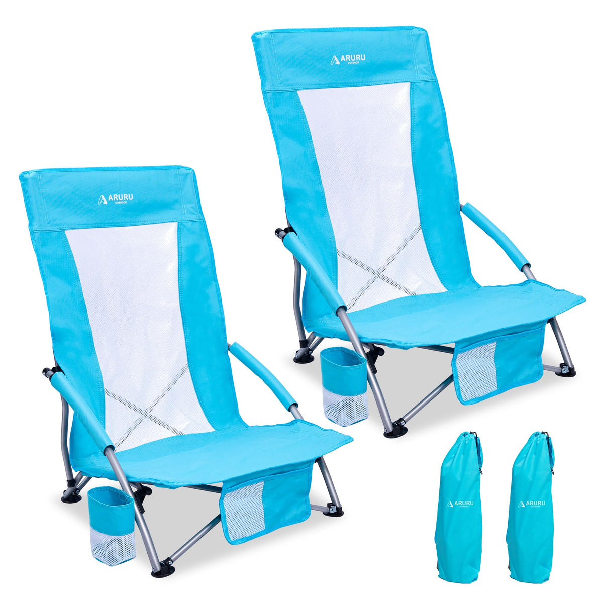 Portable Hammock Camping Chair, Lightweight Folding Beach Lounge Chair with Adjustable Height Legs, Mesh Portable Swing Camp Chair with Cushioned Head Pillow & Armrests for Camping Beach Hiking