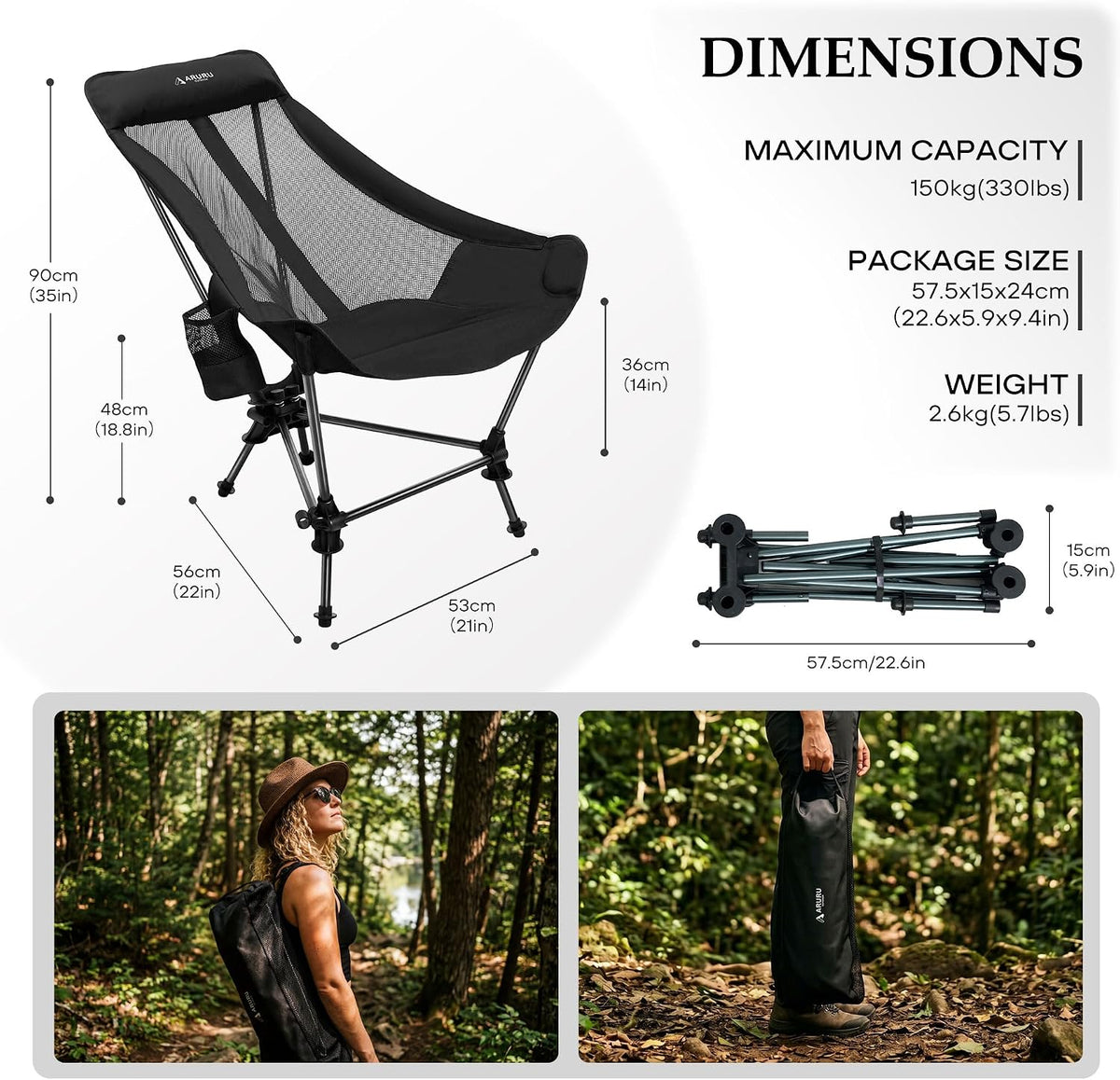 Portable Hammock Camping Chair, Lightweight Folding Beach Lounge Chair with Adjustable Height Legs, Mesh Portable Swing Camp Chair with Cushioned Head Pillow & Armrests for Camping Beach Hiking
