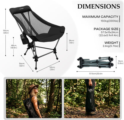 Portable Hammock Camping Chair, Lightweight Folding Beach Lounge Chair with Adjustable Height Legs, Mesh Portable Swing Camp Chair with Cushioned Head Pillow & Armrests for Camping Beach Hiking