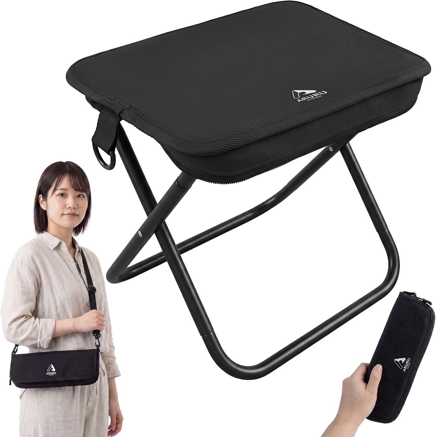 Folding Chair, Small, Lightweight, 12.6 oz (360 g), Camping Chair with Shoulder Strap, Integrated Portable Compact Chair for Traveling, Hiking, Fishing, Festivals, Watching Games (Black)