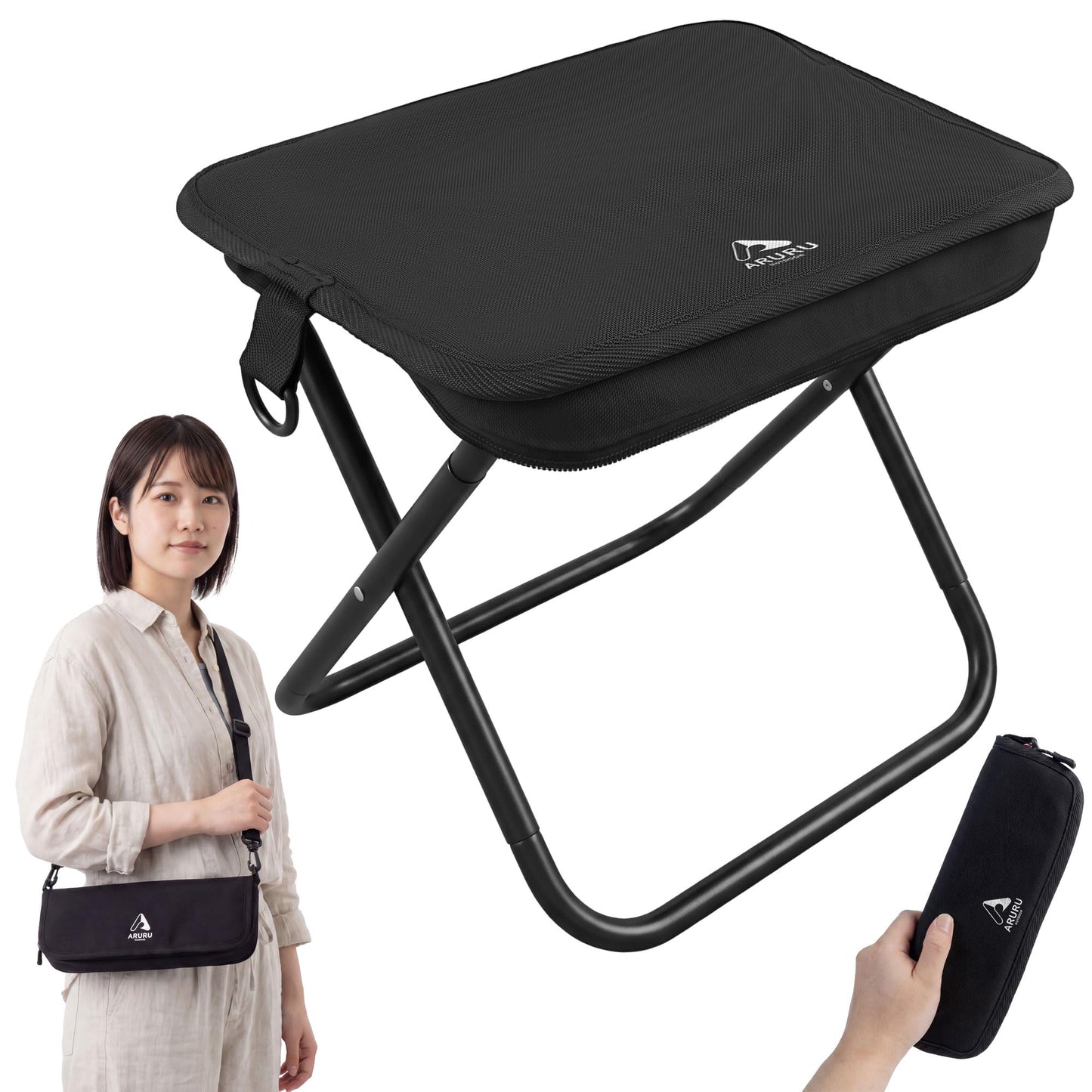 Folding Chair, Small, Lightweight, 13.4 oz (380 g), Camping Chair with Shoulder Strap, Integrated Portable Chair, Compact for Traveling, Hiking, Fishing, Festivals, Watching Games