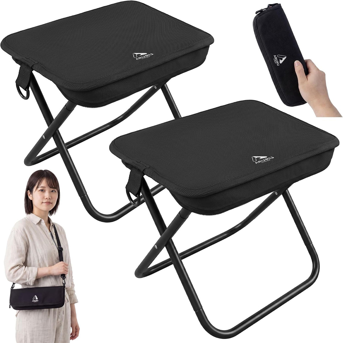 Folding Chair, Small, Lightweight, 13.4 oz (380 g), Camping Chair with Shoulder Strap, Integrated Portable Chair, Compact for Traveling, Hiking, Fishing, Festivals, Watching Games