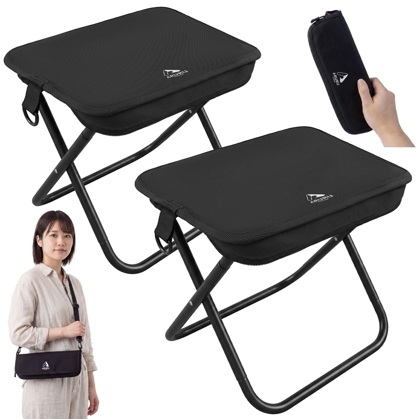 Folding Chair, Small, Lightweight, 12.6 oz (360 g), Camping Chair with Shoulder Strap, Integrated Portable Compact Chair for Traveling, Hiking, Fishing, Festivals, Watching Games (Black)