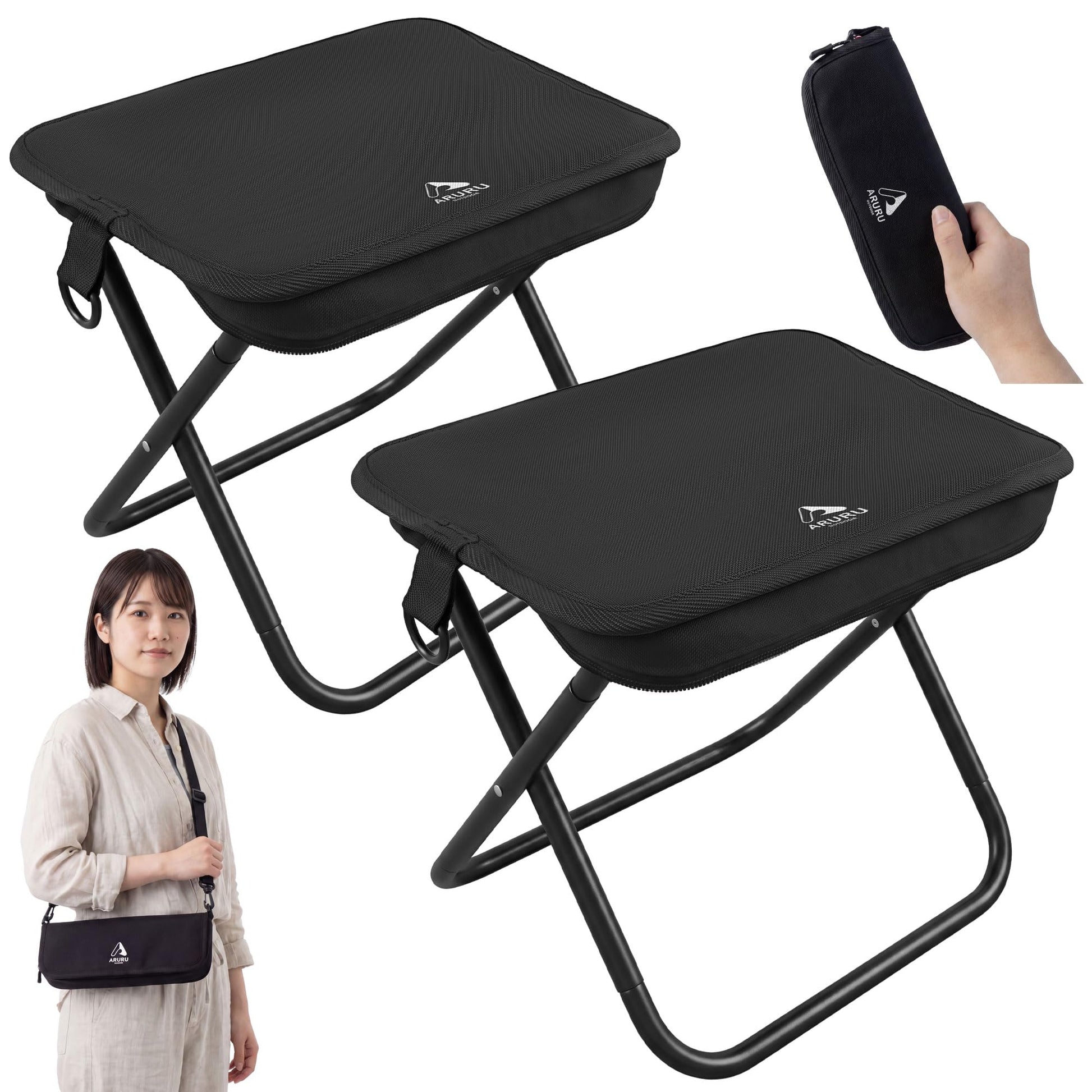 Folding Chair, Small, Lightweight, 12.6 oz (360 g), Camping Chair with Shoulder Strap, Integrated Portable Compact Chair for Traveling, Hiking, Fishing, Festivals, Watching Games (Black)