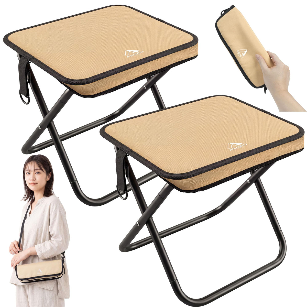 Folding Chair, Small, Lightweight, 12.6 oz (360 g), Camping Chair with Shoulder Strap, Integrated Portable Compact Chair for Traveling, Hiking, Fishing, Festivals, Watching Games (Black)