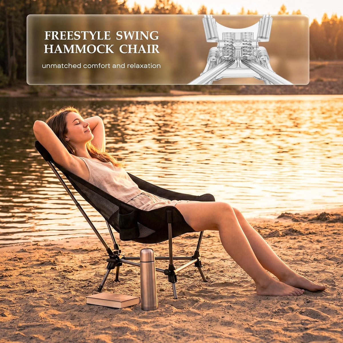 Portable Hammock Camping Chair, Lightweight Folding Beach Lounge Chair with Adjustable Height Legs, Mesh Portable Swing Camp Chair with Cushioned Head Pillow & Armrests for Camping Beach Hiking