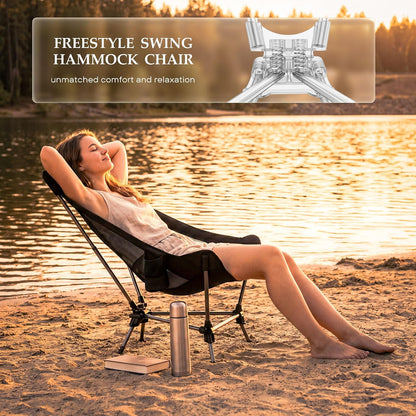Portable Hammock Camping Chair, Lightweight Folding Beach Lounge Chair with Adjustable Height Legs, Mesh Portable Swing Camp Chair with Cushioned Head Pillow & Armrests for Camping Beach Hiking