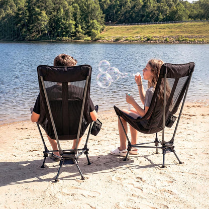 Portable Hammock Camping Chair, Lightweight Folding Beach Lounge Chair with Adjustable Height Legs, Mesh Portable Swing Camp Chair with Cushioned Head Pillow & Armrests for Camping Beach Hiking