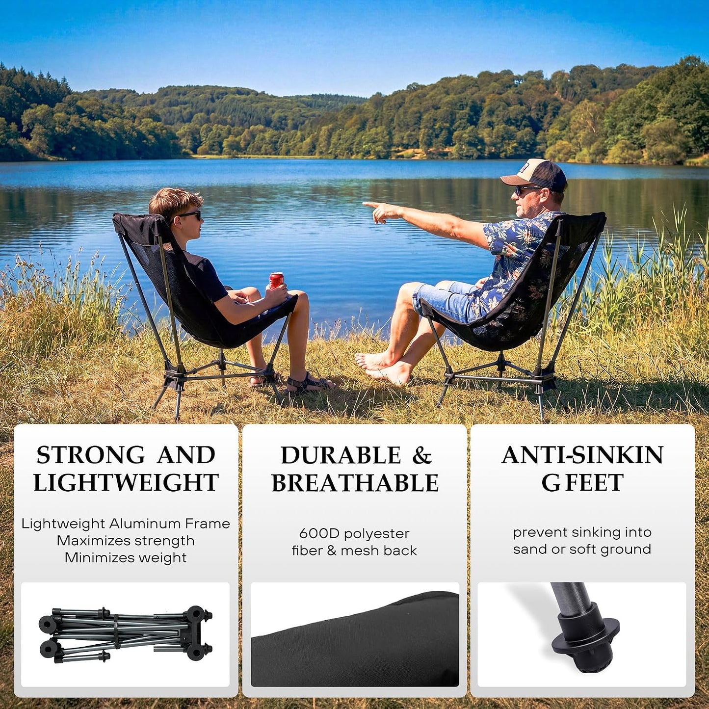 Portable Hammock Camping Chair, Lightweight Folding Beach Lounge Chair with Adjustable Height Legs, Mesh Portable Swing Camp Chair with Cushioned Head Pillow & Armrests for Camping Beach Hiking
